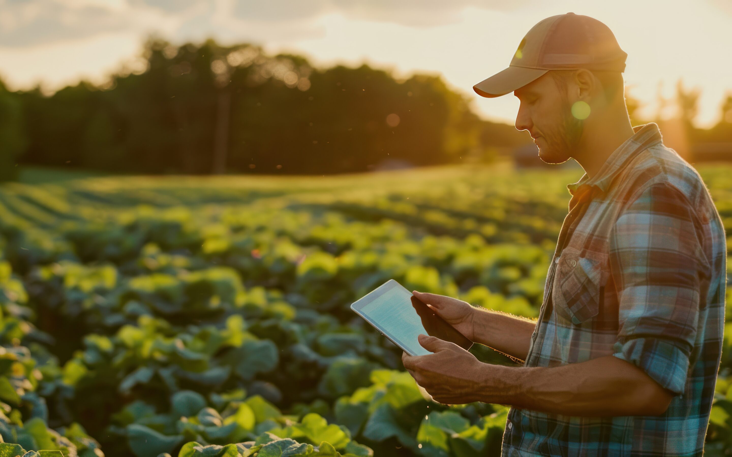 A farmer using an iPad to monitor crop growth